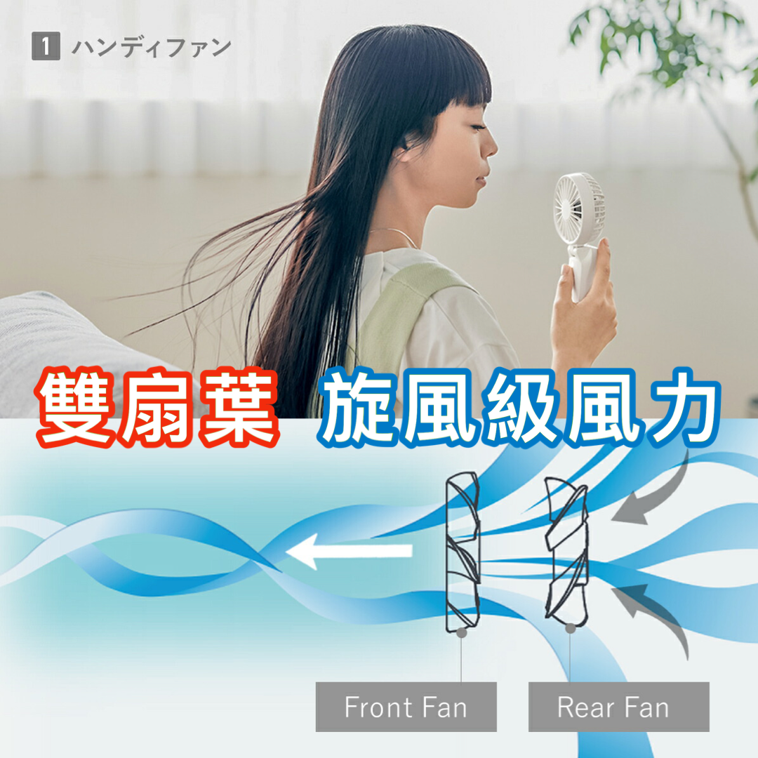 日本直送|現貨發售《旋風級雙扇葉風力|RHYTHM 3-WAYS手持座檯掛頸USB充電掛勾式風扇》