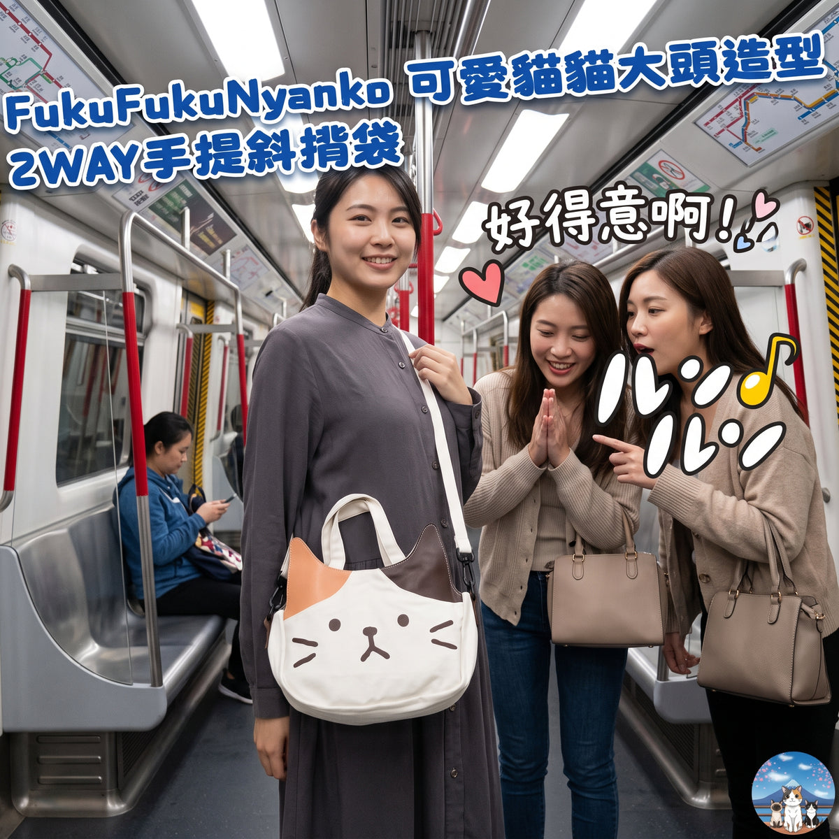 FukuFukuNyanko 可愛貓貓大頭造型 2WAY手提斜揹袋