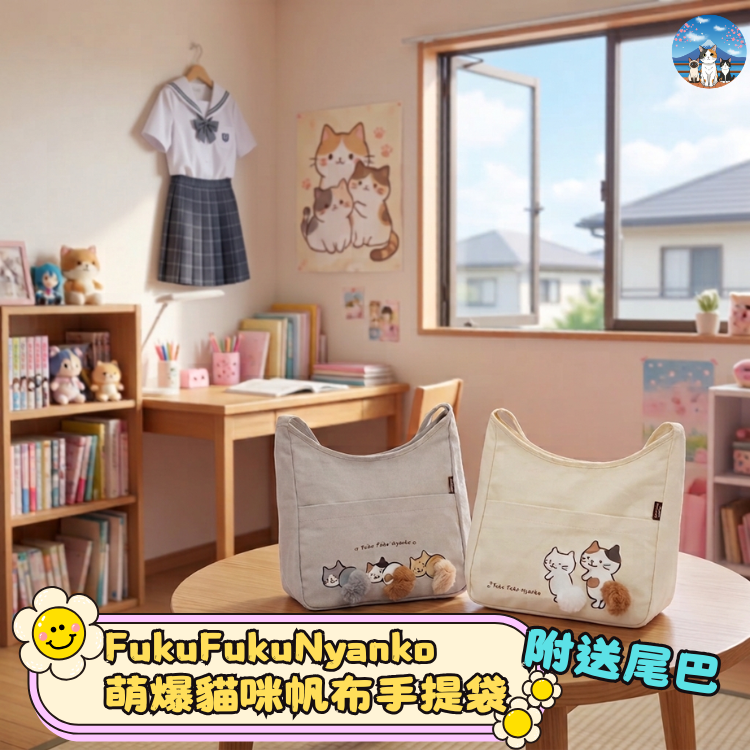 FukuFukuNyanko 萌爆貓咪帆布手提袋｜附送尾巴